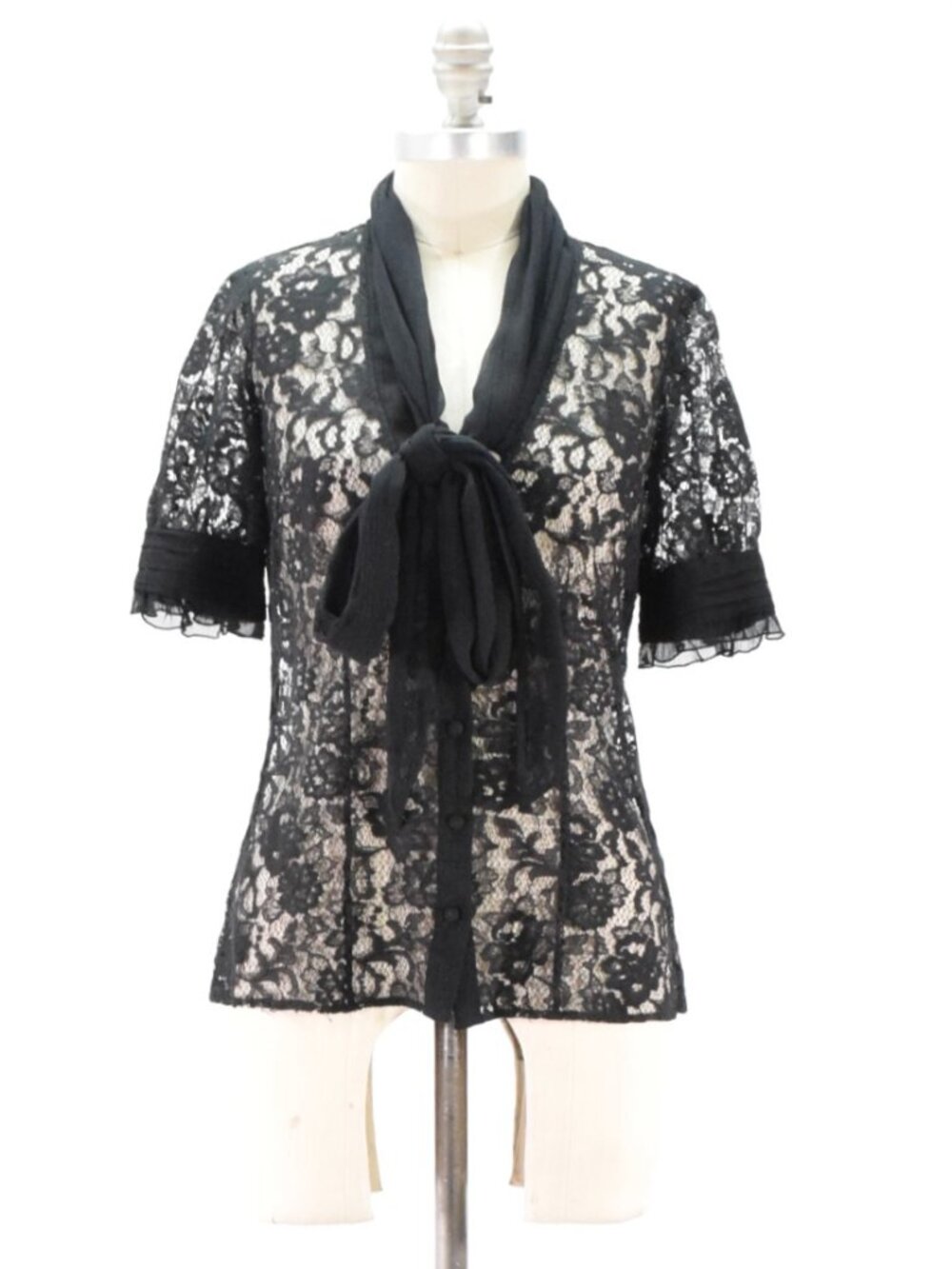 White House Black Market Sheer Black Lace Silk Chiffon Blouse